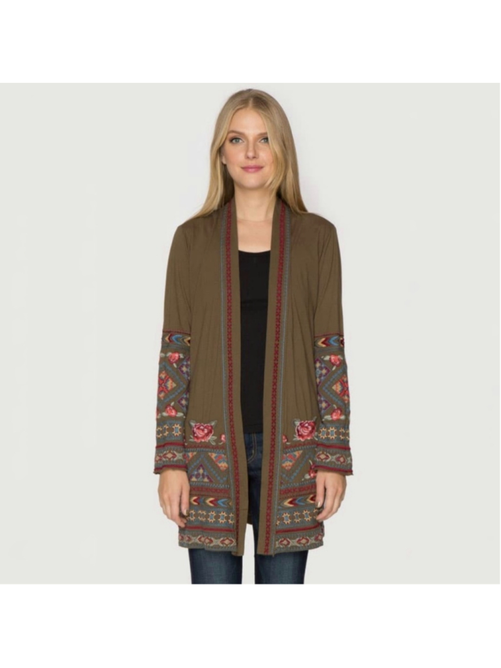 Johnny Was Jody Duster Cardigan floral embroidered dark olive green womens large